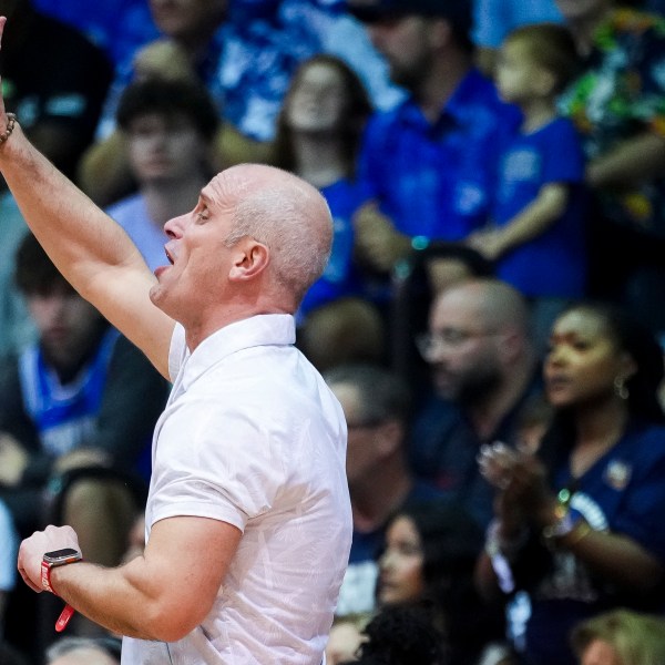 UConn head coach Dan Hurley reacts on the sideline during the first half of an NCAA college basketball game against Memphis at the Maui Invitational Monday, Nov. 25, 2024, in Lahaina, Hawaii. (AP Photo/Lindsey Wasson)