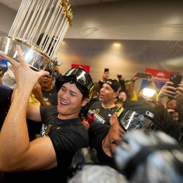 Los Angeles Dodgers' Shohei Ohtani celebrates in the locker room after their win against the New York Yankees in Game 5 to win the baseball World Series, Thursday, Oct. 31, 2024, in New York. (AP Photo/Ashley Landis)