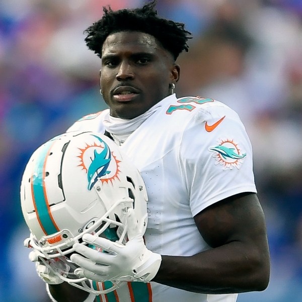 FILE - Miami Dolphins wide receiver Tyreek Hill (10) walks on the field during the second half of an NFL football game against the Buffalo Bills in Orchard Park, N.Y., Sunday, Nov. 3, 2024. (AP Photo/Adrian Kraus, File)