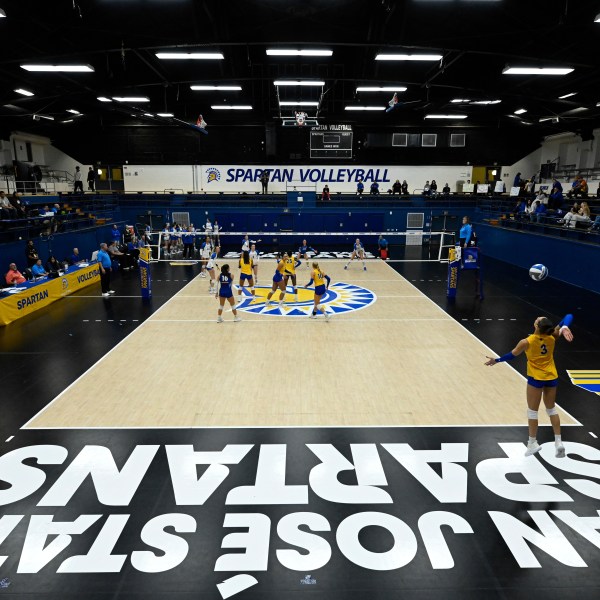 The San Jose State Spartans play the Air Force Falcons during the first set of an NCAA college volleyball match Thursday, Oct. 31, 2024, in San Jose, Calif. (AP Photo/Eakin Howard)