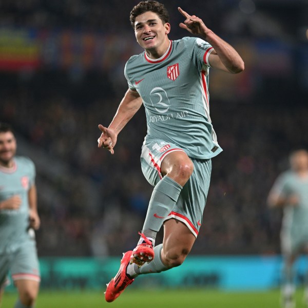 Atletico's Julian Alvarez celebrates after scoring the opening goal during the Champions League opening phase soccer match between between Sparta Prague and Athletico Madrid in Prague, Czech Republic, Tuesday, Nov. 26, 2024. (Michaela Rihova/CTK via AP)