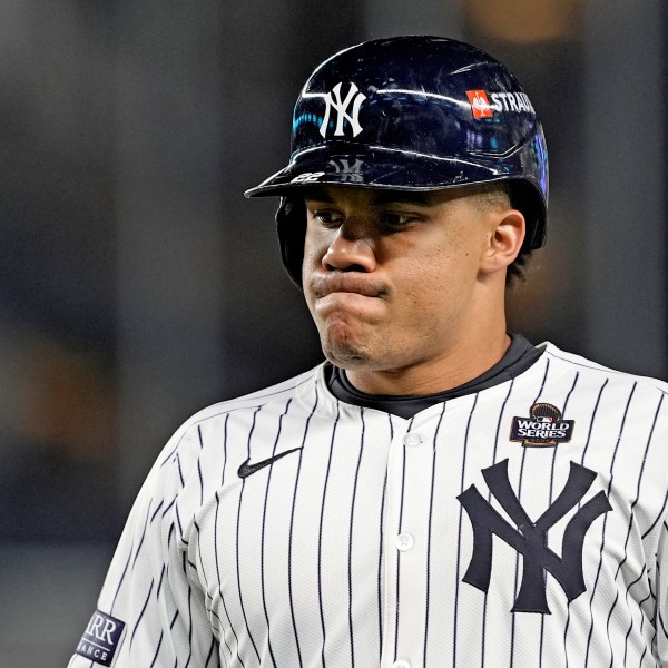 New York Yankees' Juan Soto reacts after flying out against the Los Angeles Dodgers during the eighth inning in Game 3 of the baseball World Series, Monday, Oct. 28, 2024, in New York. (AP Photo/Godofredo A. Vásquez)