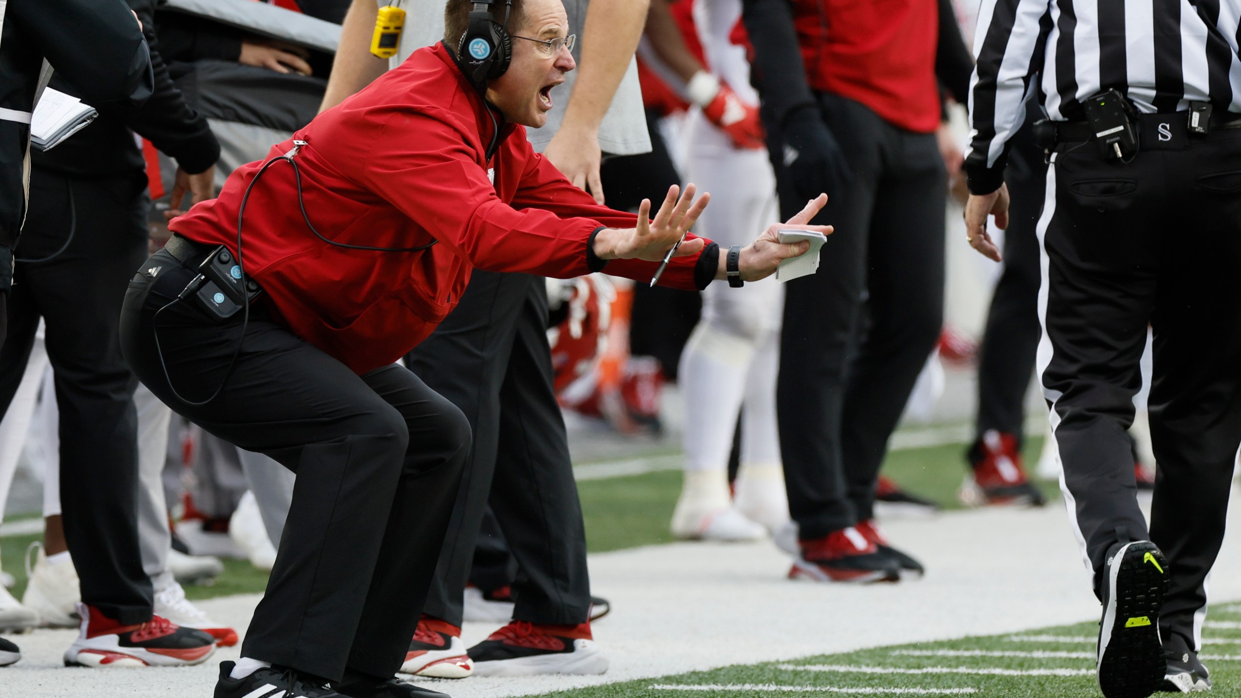 Indiana head coach Curt Cignetti shouts to his players during the second half of an NCAA college football game against Ohio State Saturday, Nov. 23, 2024, in Columbus, Ohio. (AP Photo/Jay LaPrete)