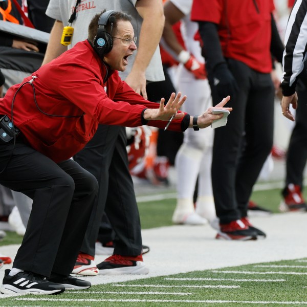 Indiana head coach Curt Cignetti shouts to his players during the second half of an NCAA college football game against Ohio State Saturday, Nov. 23, 2024, in Columbus, Ohio. (AP Photo/Jay LaPrete)