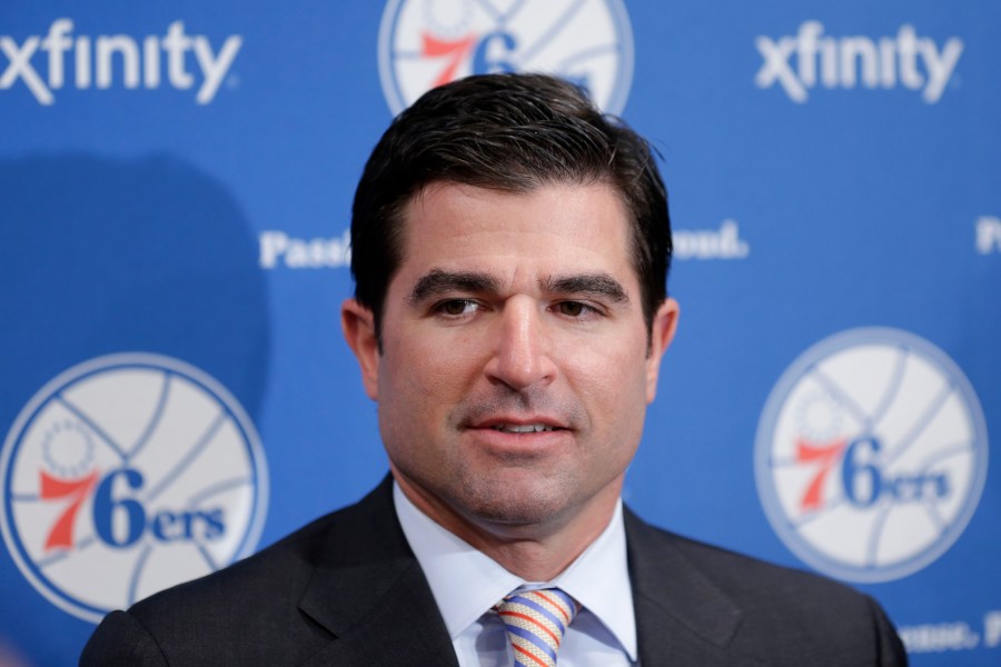 FILE - Philadelphia 76ers incoming chief executive officer Scott O'Neil speaks to reporters at the team's NBA basketball training facility in Philadelphia, July 8, 2013. (AP Photo/Matt Rourke, File)