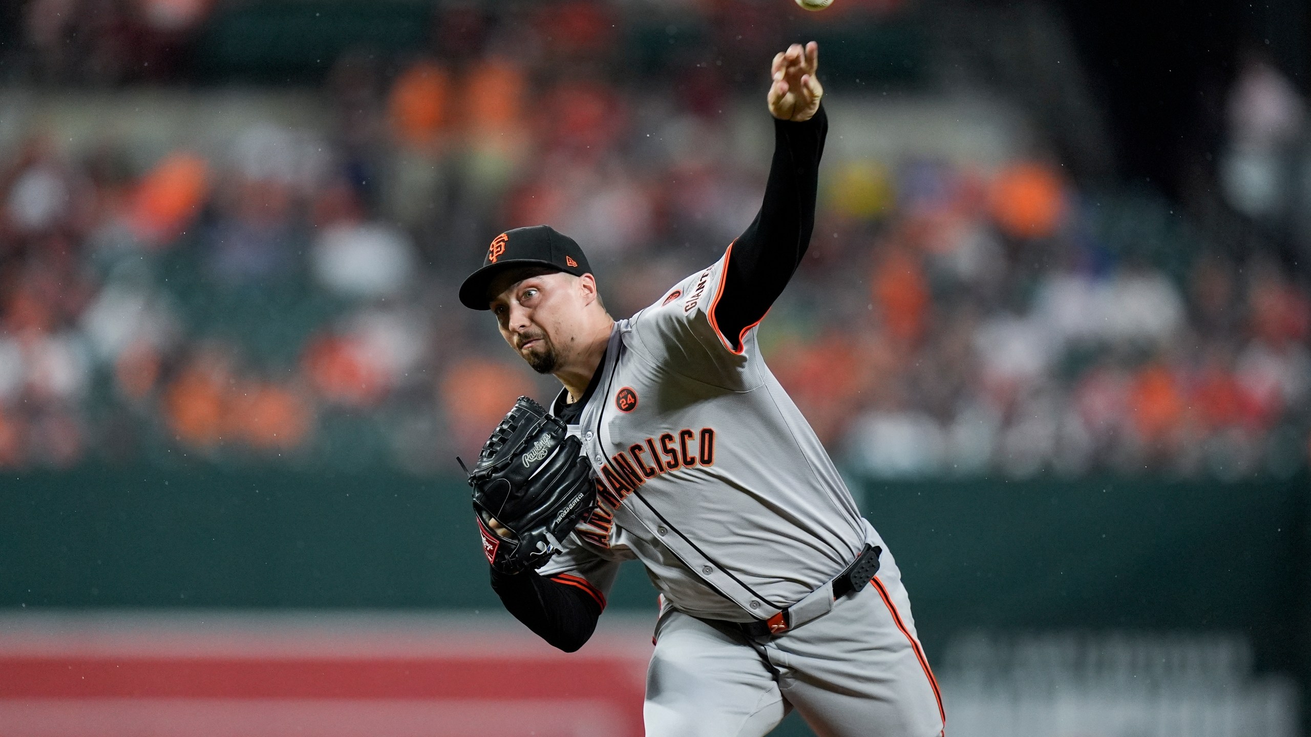 FILE - San Francisco Giants starting pitcher Blake Snell delivers during the first inning of a baseball game against the Baltimore Orioles, Sept. 17, 2024, in Baltimore. (AP Photo/Stephanie Scarbrough, File)