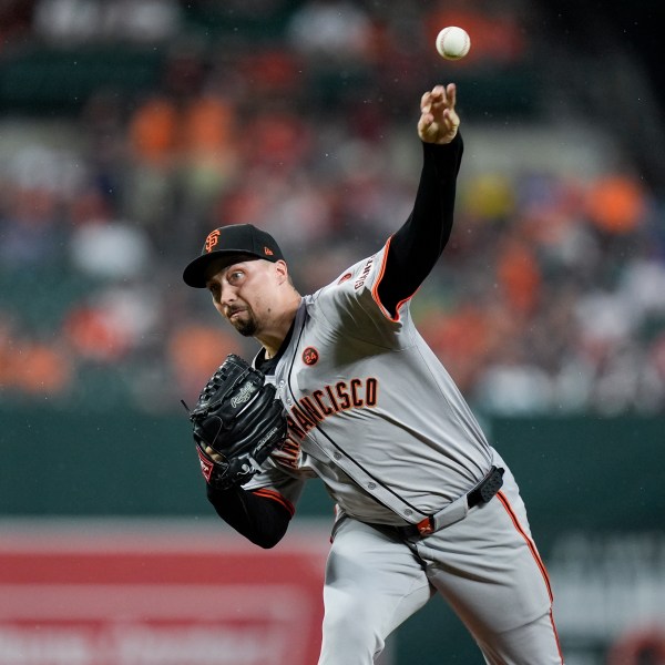 FILE - San Francisco Giants starting pitcher Blake Snell delivers during the first inning of a baseball game against the Baltimore Orioles, Sept. 17, 2024, in Baltimore. (AP Photo/Stephanie Scarbrough, File)