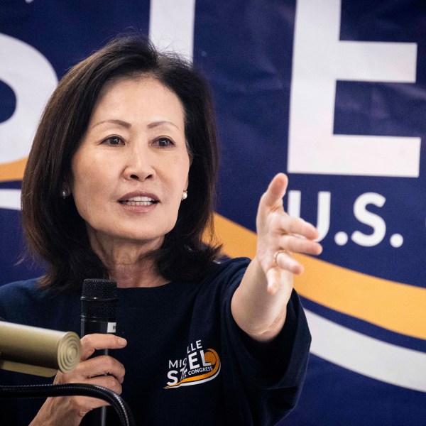 FILE - U.S. Rep. Michelle Steel, R-Calif., addresses supporters at her election office in Buena Park, Calif., Monday, Nov. 4, 2024. (Paul Bersebach/The Orange County Register via AP, File)