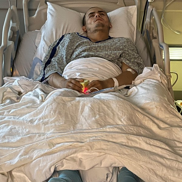 Jacob Rinehart rests in a hospital bed at the Beaufort Memorial Hospital on Oct. 11, 2023, in Beaufort, S.C. (Audrey Cox via AP)