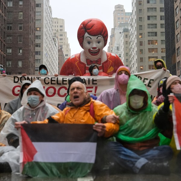 Pro-Palestinian protesters demonstrate on Sixth Avenue during the Macy's Thanksgiving Day Parade, Thursday, Nov. 28, 2024, in New York. (AP Photo/Julia Demaree Nikhinson)