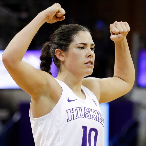 FILE - Washington's Kelsey Plum stretches in the second half of an NCAA college basketball game Sunday, Dec. 11, 2016, in Seattle. (AP Photo/Elaine Thompson, File)