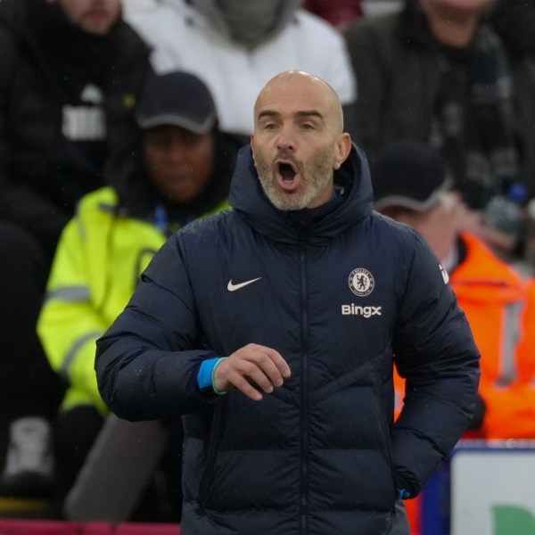 Chelsea's head coach Enzo Maresca reacts during the English Premier League soccer match between Leicester City and Chelsea at King Power stadium in Leicester, England, Saturday, Nov. 23, 2024. (AP Photo/Dave Shopland)