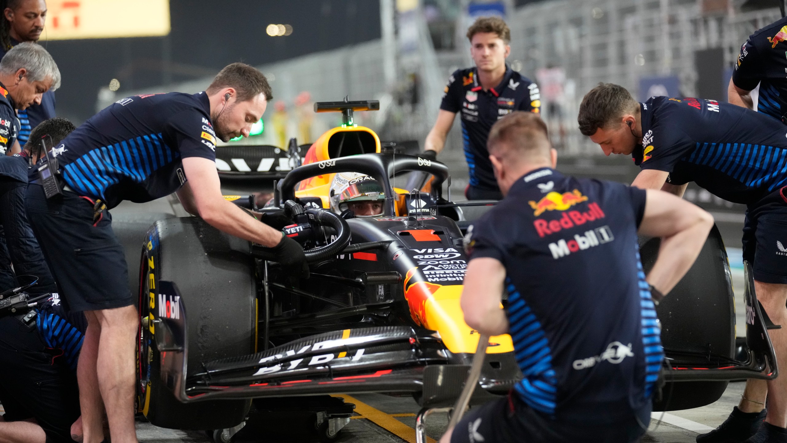 Red Bull driver Max Verstappen of the Netherlands makes a pit stop during practice at the Lusail International Circuit in Lusail, Qatar, ahead of the Qatar Formula One Grand Prix, Friday, Nov. 29, 2024. (AP Photo/Darko Bandic)