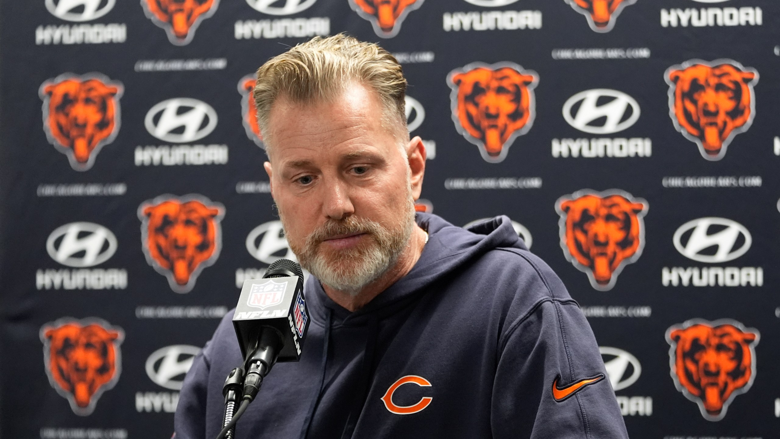 Chicago Bears head coach Matt Eberflus talks to the media after an NFL football game against the Chicago Bears in Detroit, Thursday, Nov. 28, 2024. (AP Photo/Carlos Osorio)