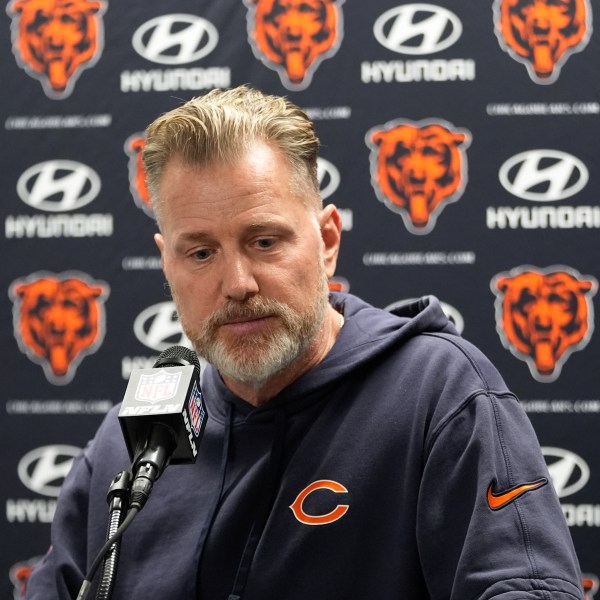 Chicago Bears head coach Matt Eberflus talks to the media after an NFL football game against the Chicago Bears in Detroit, Thursday, Nov. 28, 2024. (AP Photo/Carlos Osorio)