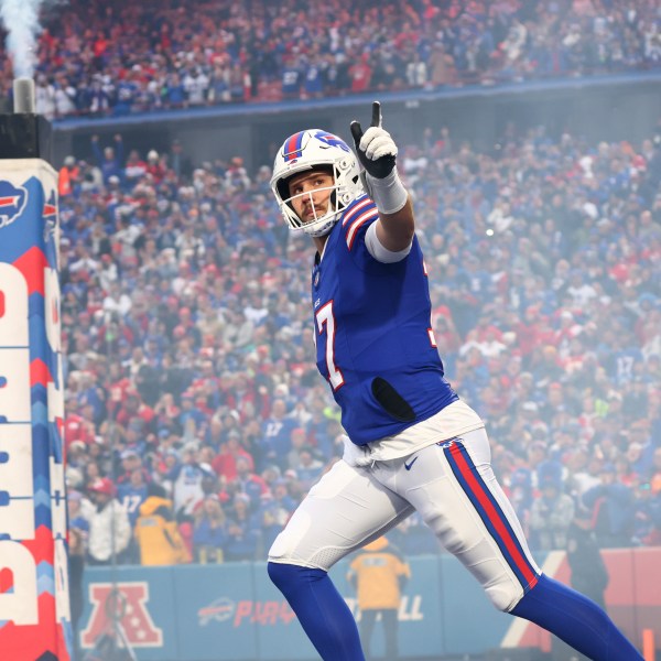 Buffalo Bills quarterback Josh Allen runs onto the field before an NFL football game against the Kansas City Chiefs Sunday, Nov. 17, 2024, in Orchard Park, N.Y. (AP Photo/Jeffrey T. Barnes)