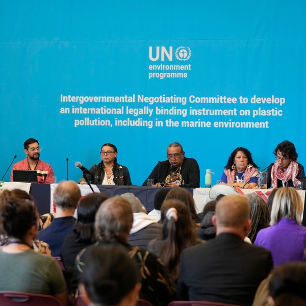 Members of The International Indigenous Peoples' Forum on Plastics attend a press conference at the fifth session of the Intergovernmental Negotiating Committee on Plastic Pollution in Busan, South Korea, Saturday, Nov. 30, 2024. (AP Photo/Ahn Young-joon)