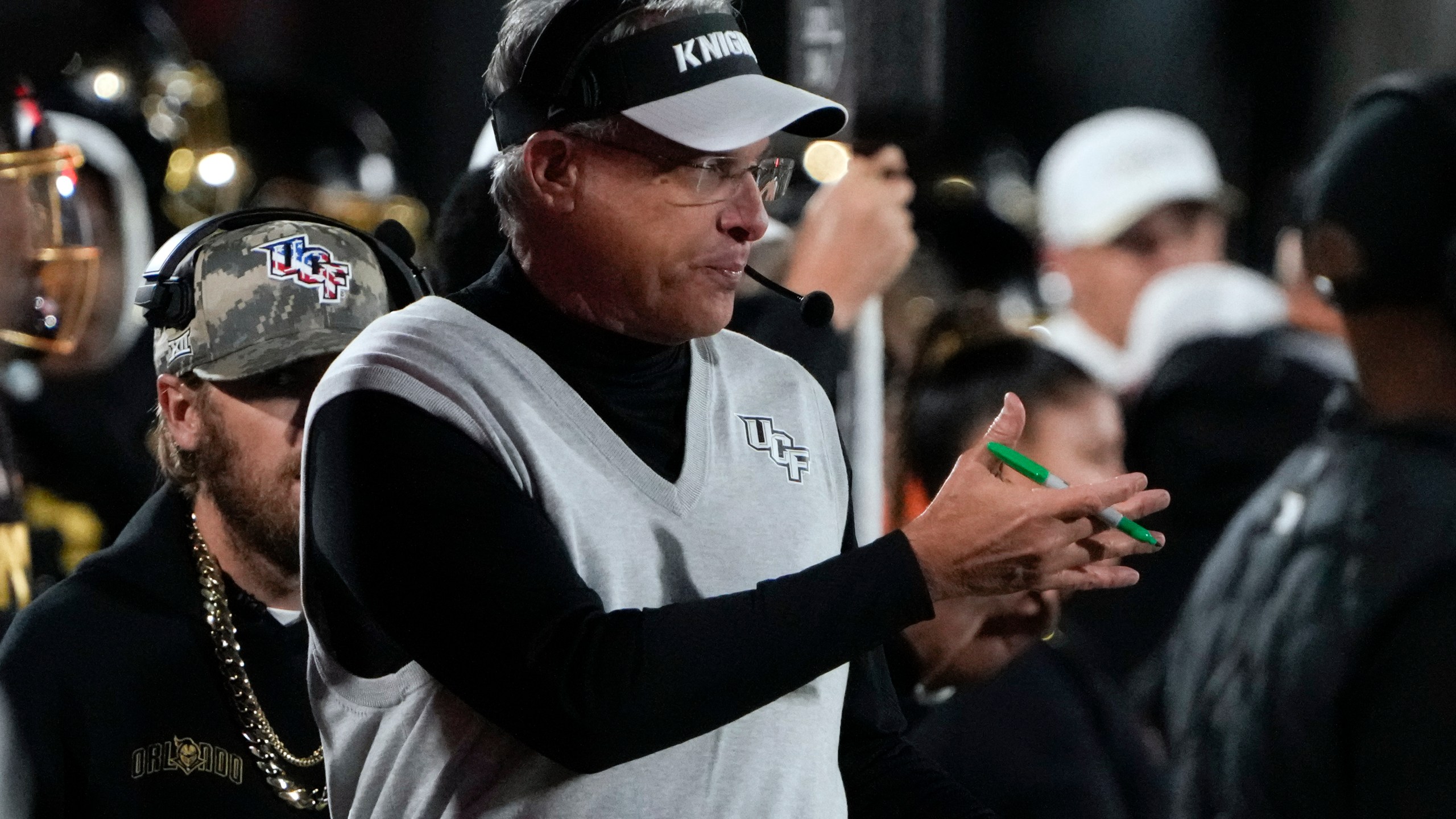 Central Florida head coach Gus Malzahn directs his team during the second half of an NCAA college football game against Utah, Friday, Nov. 29, 2024, in Orlando, Fla. (AP Photo/John Raoux)