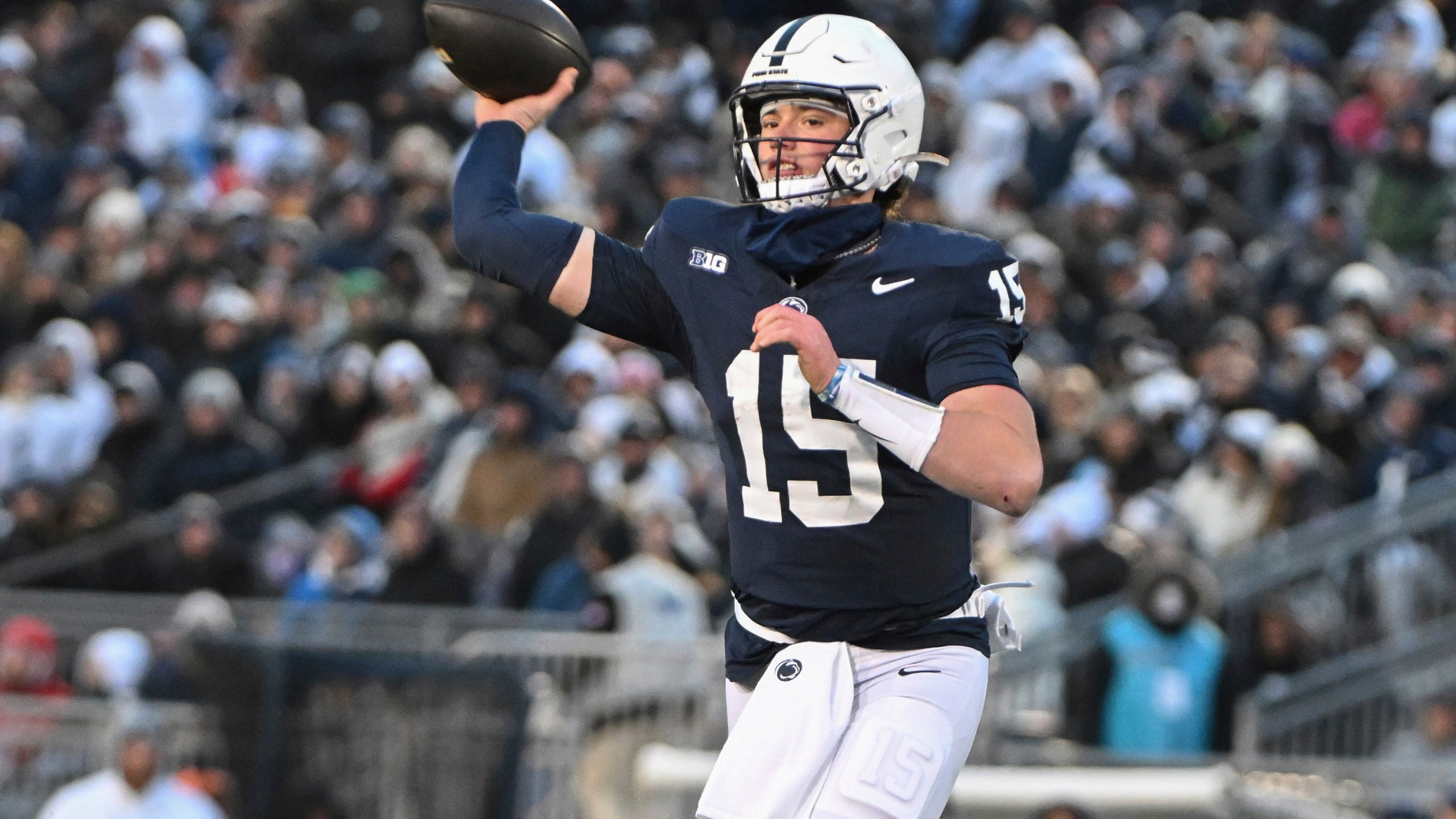 Penn State quarterback Drew Allar (15) throws a pass against Maryland during the second quarter of an NCAA college football game, Saturday, Nov. 30, 2024, in State College, Pa. (AP Photo/Barry Reeger)