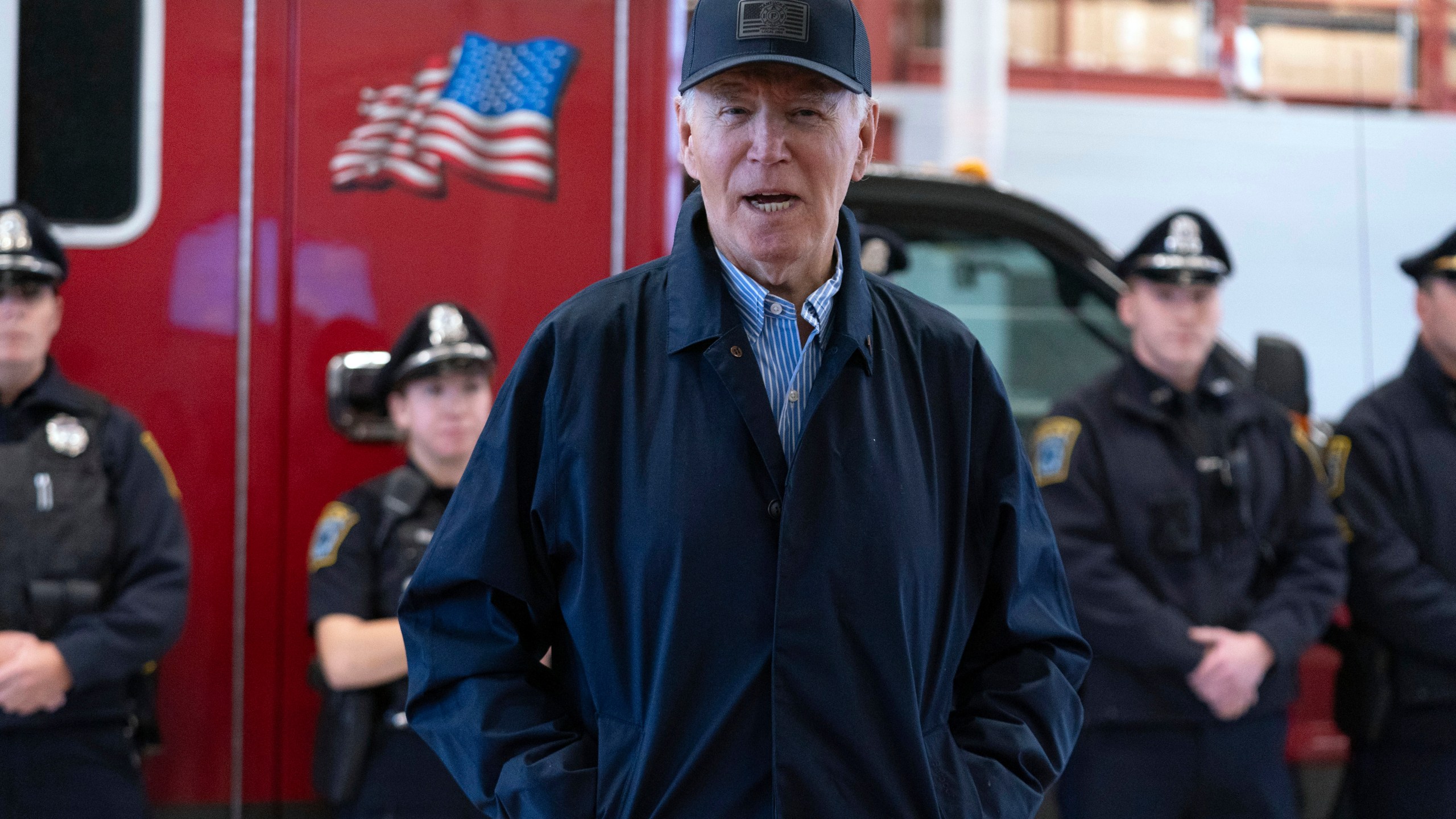 President Joe Biden talks to the media during a visit to Nantucket fire department on Thanksgiving day in Nantucket Mass., Thursday, Nov. 28, 2024. (AP Photo/Jose Luis Magana)