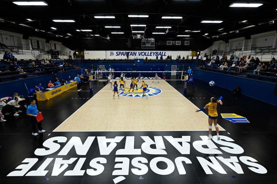 The San Jose State Spartans play the Air Force Falcons during the first set of an NCAA college volleyball match Thursday, Oct. 31, 2024, in San Jose, Calif. (AP Photo/Eakin Howard)