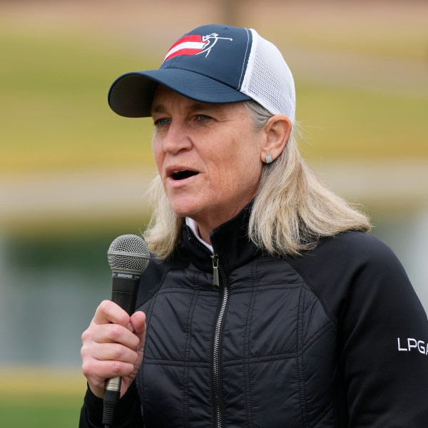 FILE - LPGA commissioner Mollie Marcoux Samaan speaks to the gallery after the final round of the LPGA Ford Championship golf tournament Sunday, March 31, 2024, in Gilbert, Ariz. (AP Photo/Ross D. Franklin, File)