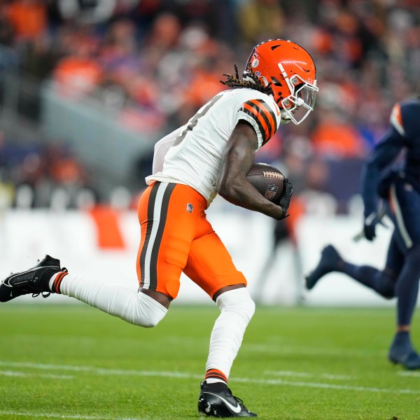 Cleveland Browns wide receiver Jerry Jeudy runs for a first down during the first half of an NFL football game against the Denver Broncos, Monday, Dec. 2, 2024, in Denver. (AP Photo/Jack Dempsey)