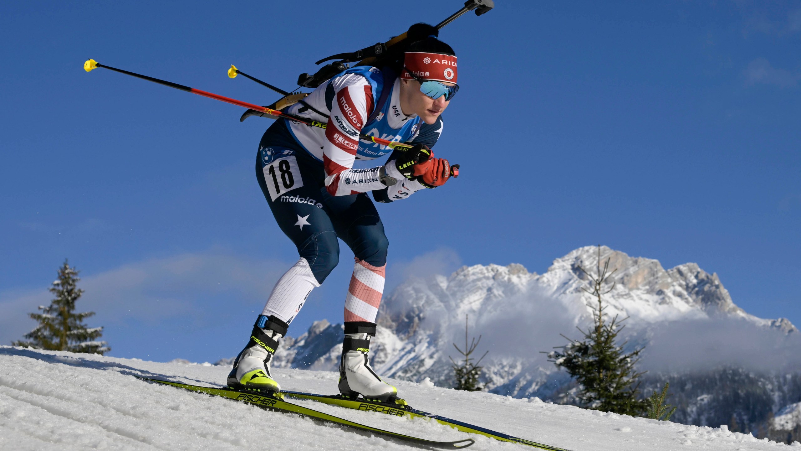 FILE - Joanne Reid of the United States competes during the women 7.5km sprint competition at the Biathlon World Cup race in Hochfilzen, Austria, Dec. 8, 2022. (AP Photo/Andreas Schaad, File)