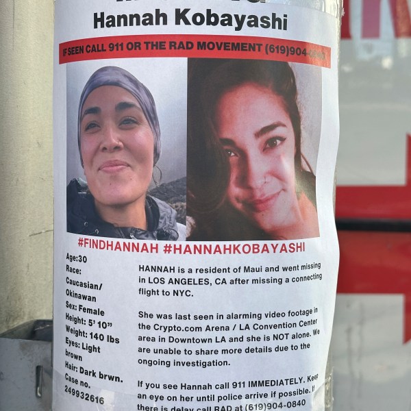 A flyer with information on Hannah Kobayashi, currently missing, is displayed Thursday, Nov. 21, 2024 in Los Angeles. (AP Photo/Damian Dovarganes)