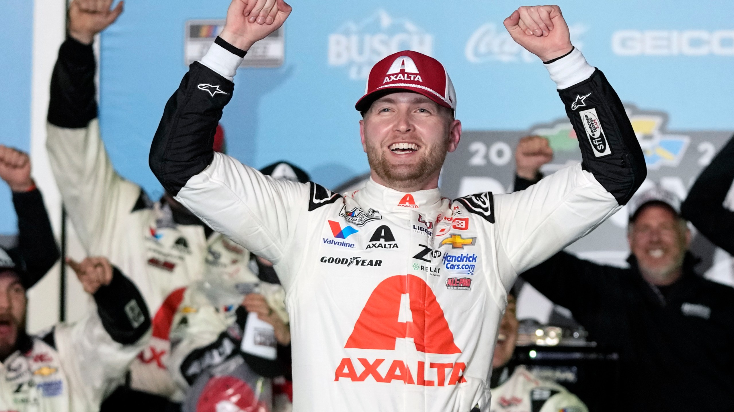 FILE - William Byron celebrates in Victory Lane after winning the NASCAR Daytona 500 auto race at Daytona International Speedway, Feb. 19, 2024, in Daytona Beach, Fla. (AP Photo/John Raoux, File)