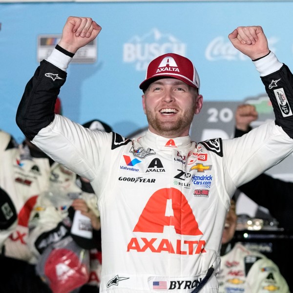 FILE - William Byron celebrates in Victory Lane after winning the NASCAR Daytona 500 auto race at Daytona International Speedway, Feb. 19, 2024, in Daytona Beach, Fla. (AP Photo/John Raoux, File)