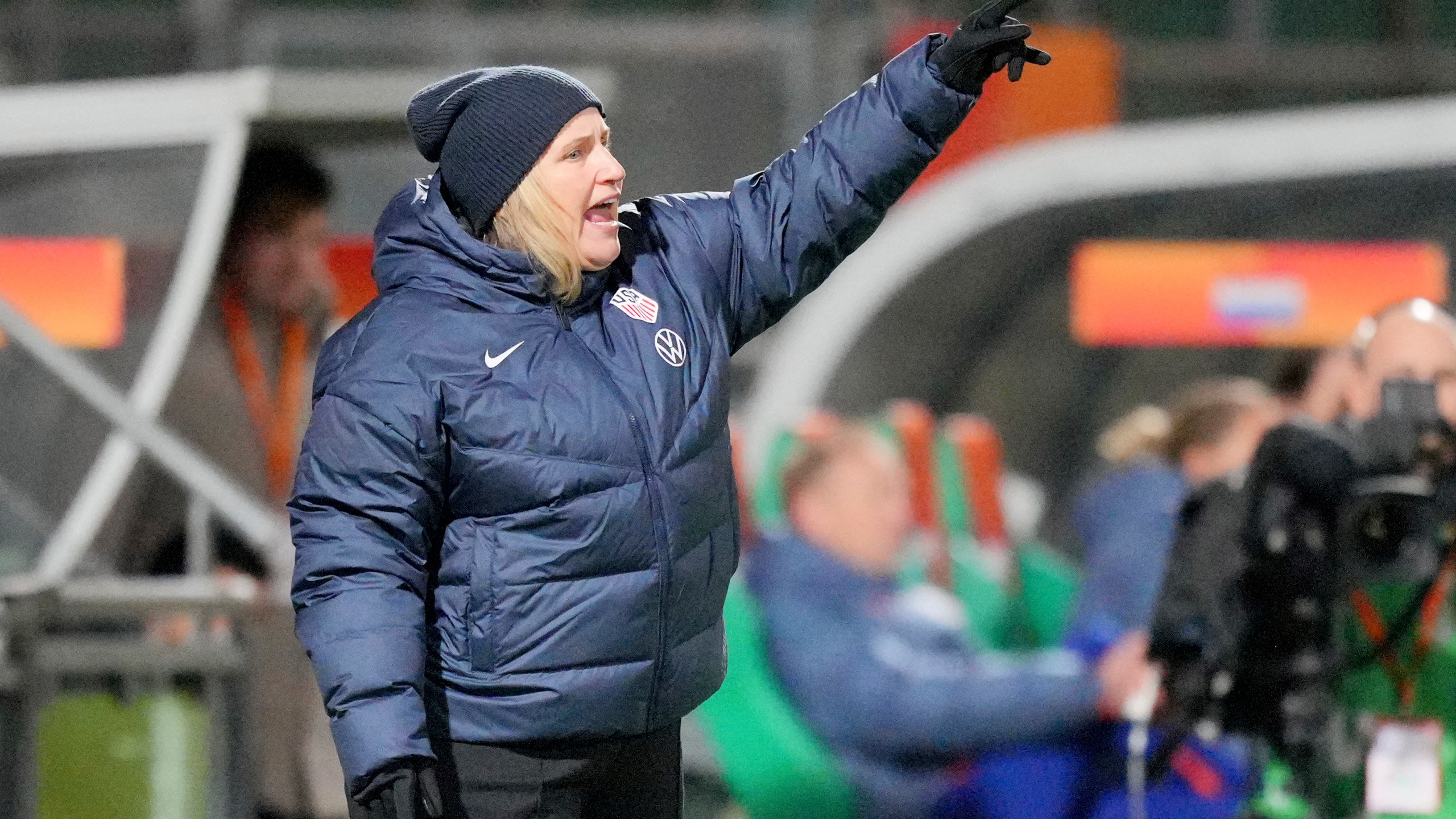 United States head coach Emma Hayes gestures during the international friendly women's soccer match between the Netherlands and the United States at the ADO Den Haag Stadium in The Hague, Netherlands, Tuesday, Dec. 3, 2024. (AP Photo/Peter Dejong)