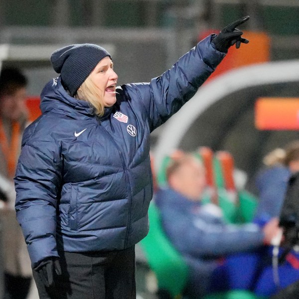 United States head coach Emma Hayes gestures during the international friendly women's soccer match between the Netherlands and the United States at the ADO Den Haag Stadium in The Hague, Netherlands, Tuesday, Dec. 3, 2024. (AP Photo/Peter Dejong)