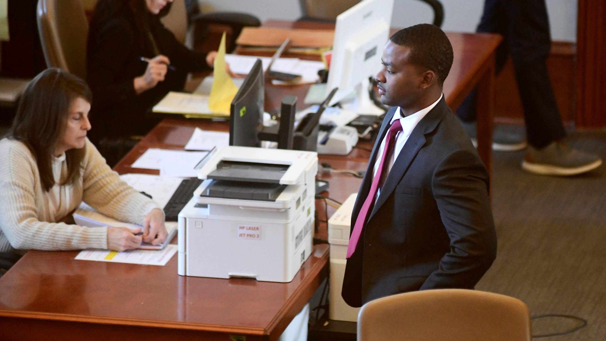 Sheldon Timothy Herrington Jr., who is on trial on a capital murder charge in the 2022 death of University of Mississippi student Jimmie "Jay" Lee, looks out into the courtroom during the lunch break, in Oxford, Miss., on Tuesday, Dec. 3, 2024. (Bruce Newman/The Northeast Mississippi Daily Journal via AP, Pool)