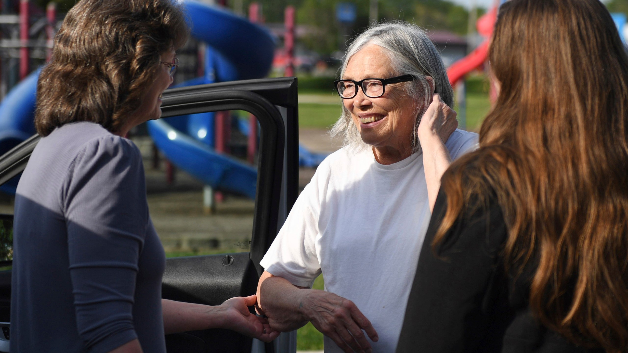 FILE - Sandra Hemme, center, meets with family and supporters after she was released from Chillicothe Correctional Center, Friday, July 19, 2024, in Chillicothe, Miss. (HG Biggs/The Kansas City Star via AP, File)