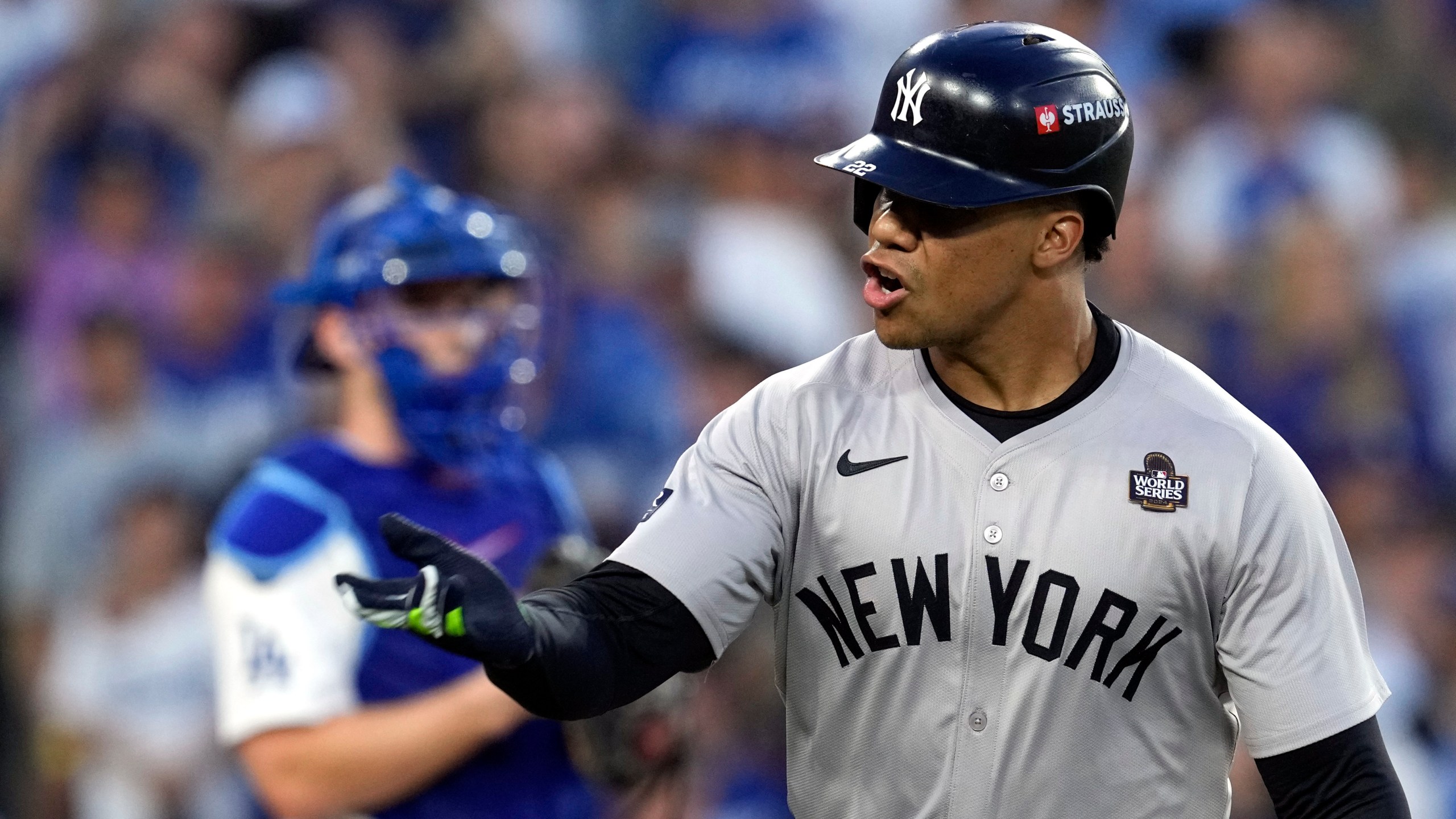 FILE - New York Yankees' Juan Soto celebrates after hitting a home run against the Los Angeles Dodgers during the third inning in Game 2 of the baseball World Series, Saturday, Oct. 26, 2024, in Los Angeles. (AP Photo/Godofredo A. Vásquez, File)