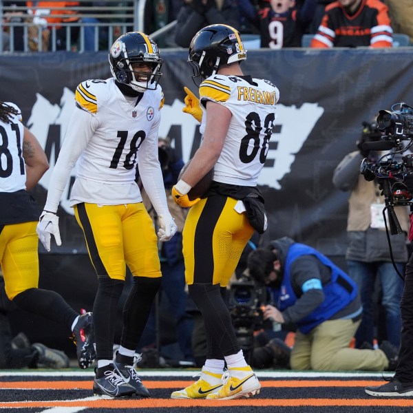 Pittsburgh Steelers tight end Pat Freiermuth (88) celebrates with wide receiver Mike Williams (18) after scoring a touchdown against the Cincinnati Bengals during the second half of an NFL football game Sunday, Dec. 1, 2024, in Cincinnati. (AP Photo/Joshua A. Bickel)