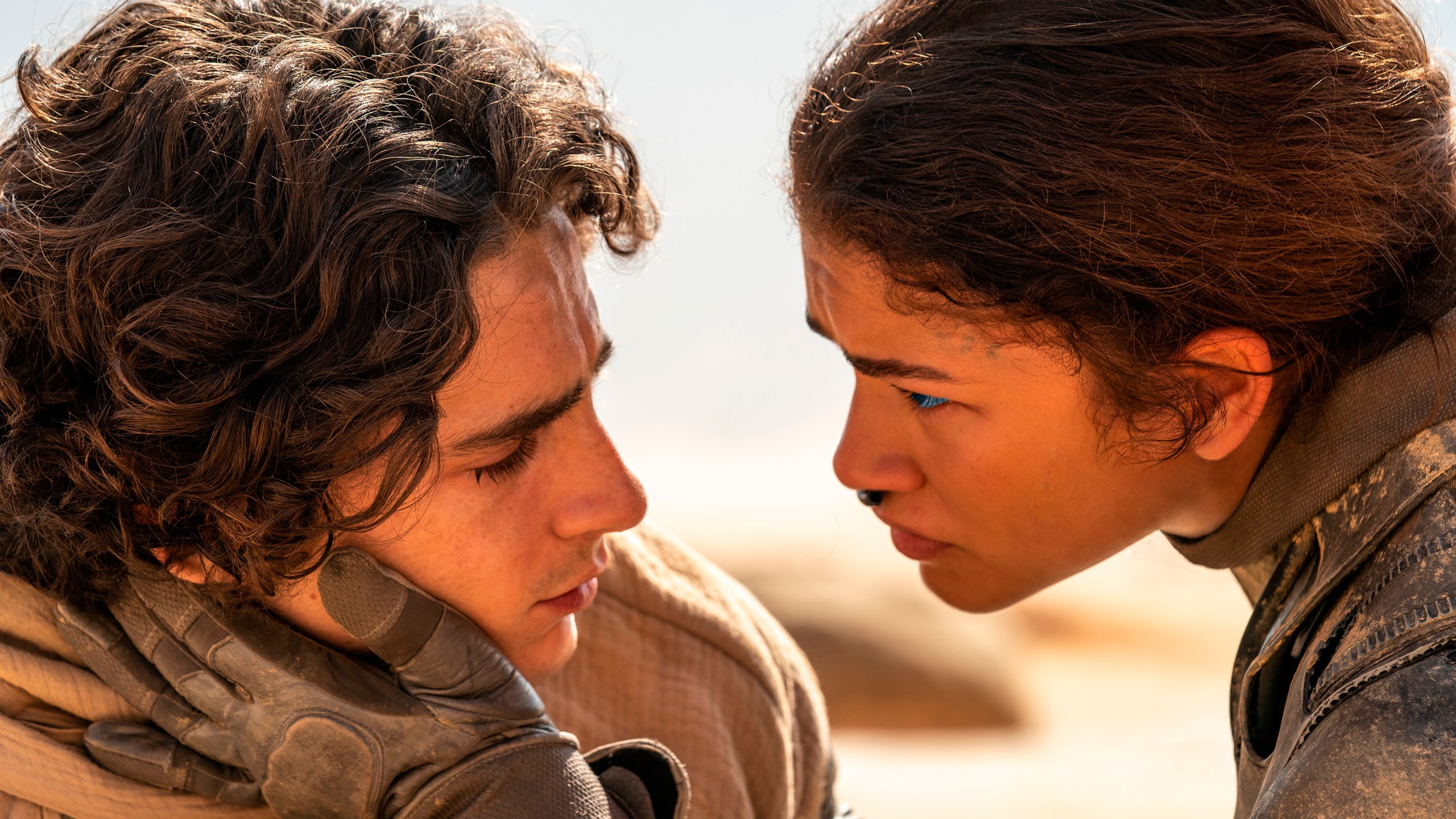 This image released by Warner Bros. Pictures shows Timothee Chalamet, left, and Zendaya in a scene from "Dune: Part Two." (Niko Tavernise/Warner Bros. Pictures via AP)