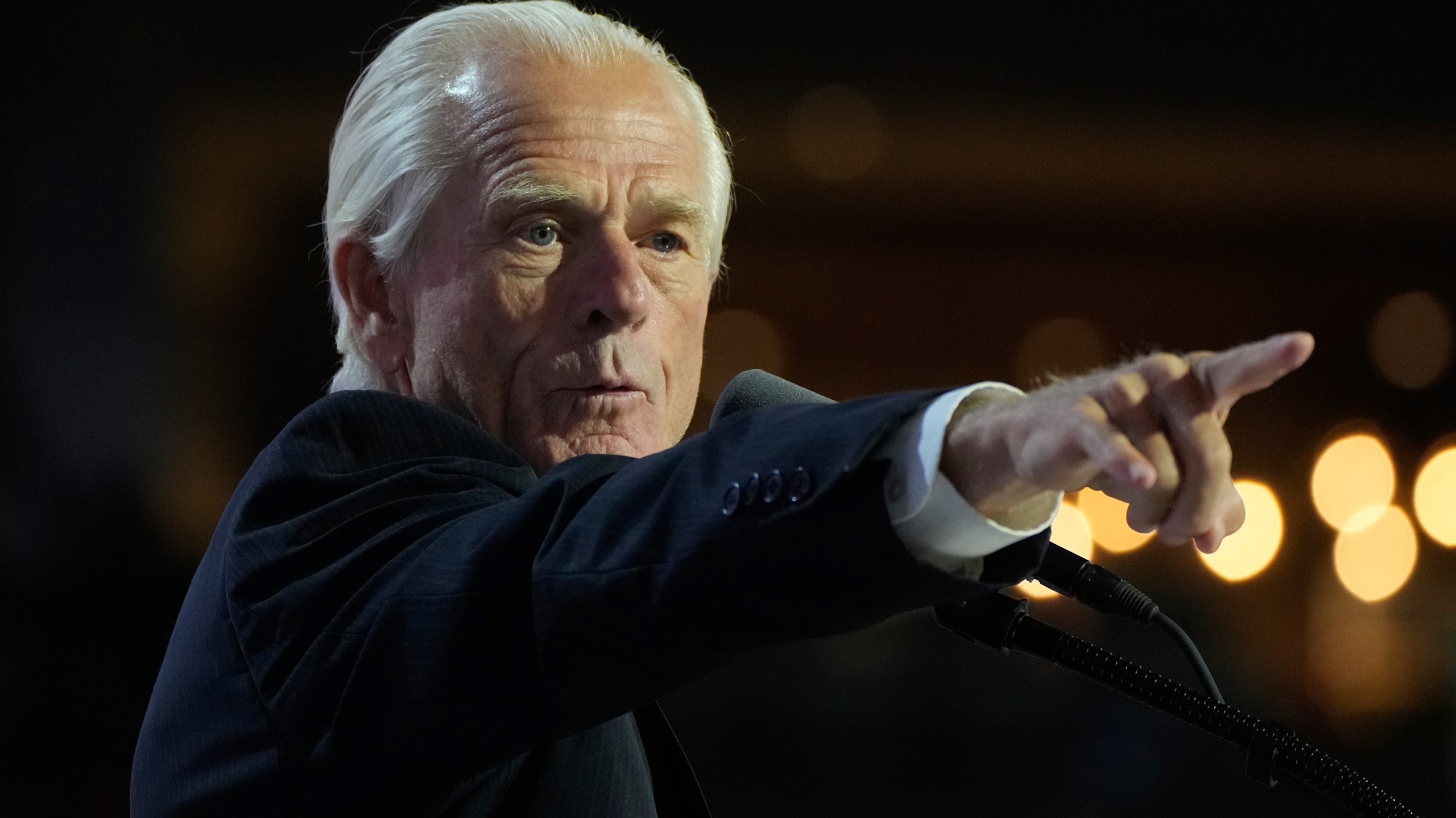 FILE - Peter Navarro speaks during the Republican National Convention, July 17, 2024, in Milwaukee. (AP Photo/Paul Sancya, File)