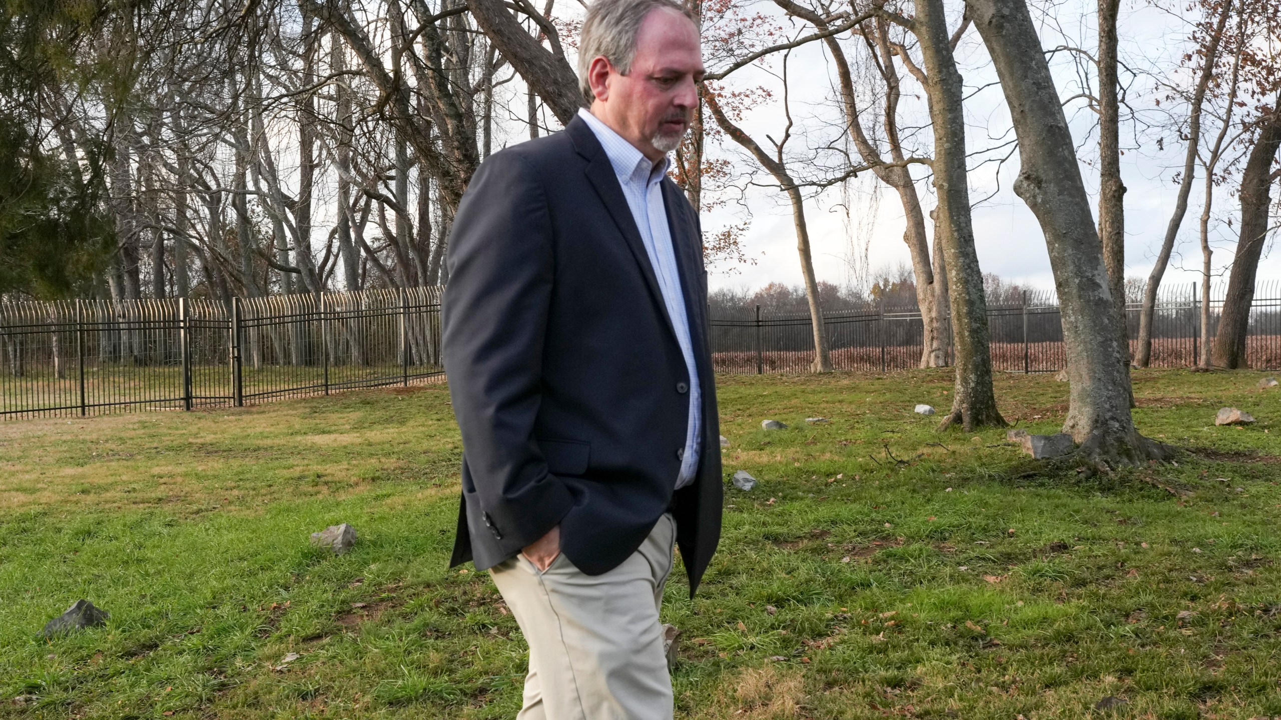 Tony Guzzi, chief of preservation and site operations for The Hermitage, walks through a slave cemetery Monday, Dec. 9, 2024, in Nashville, Tenn. The site was discovered at former President Andrew Jackson's home. (AP Photo/George Walker IV)