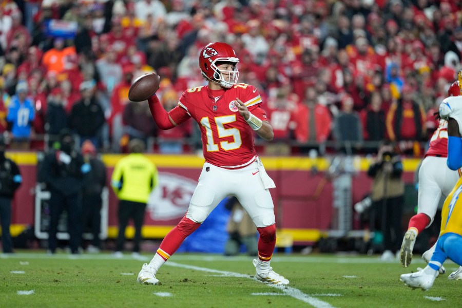 Kansas City Chiefs quarterback Patrick Mahomes throws during the first half of an NFL football game against the Los Angeles Chargers Sunday, Dec. 8, 2024, in Kansas City, Mo. (AP Photo/Ed Zurga)