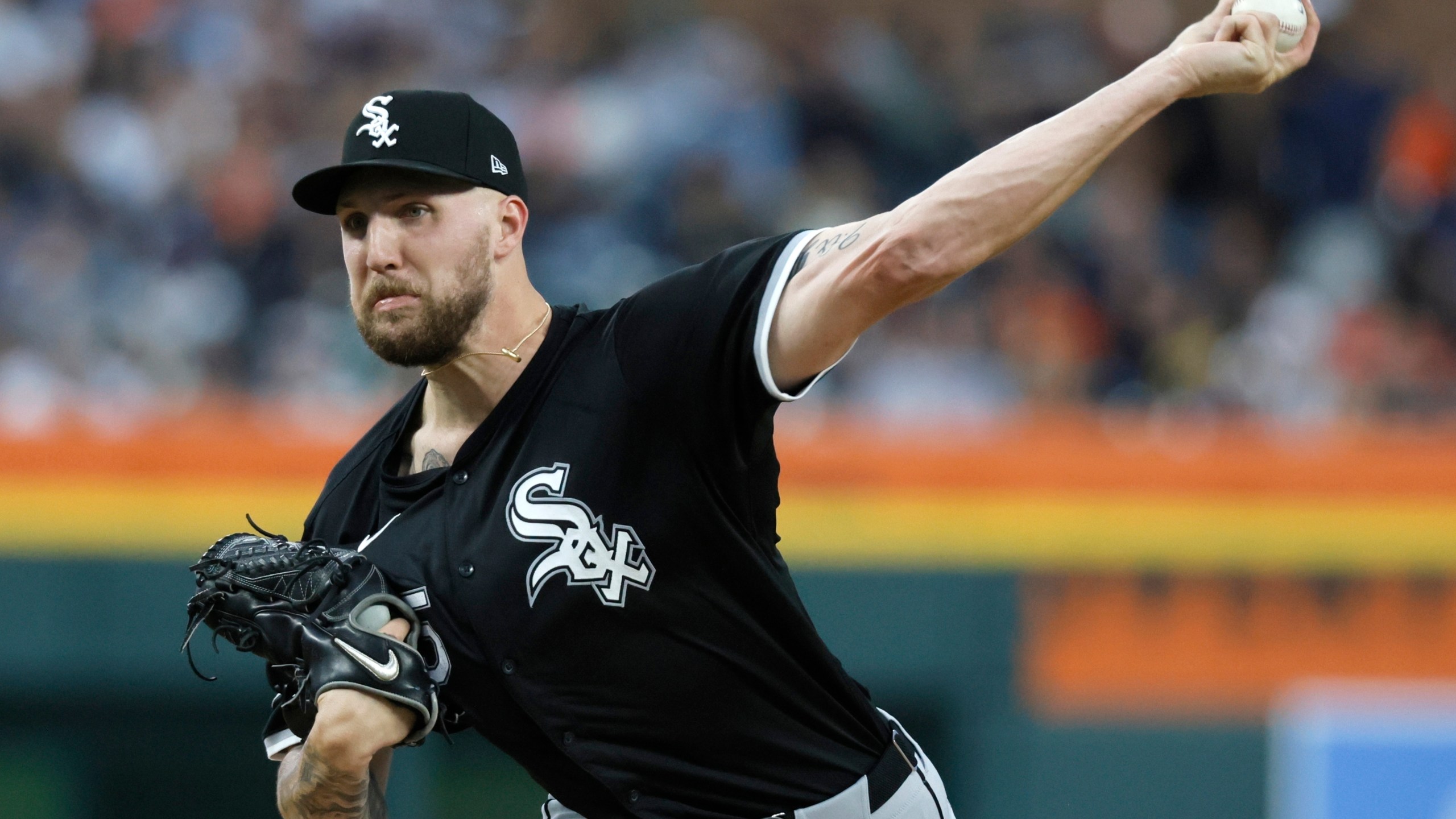 FILE - Chicago White Sox's Garrett Crochet pitches against the Detroit Tigers during the second inning of a baseball game Sept. 27, 2024, in Detroit. (AP Photo/Duane Burleson, File)