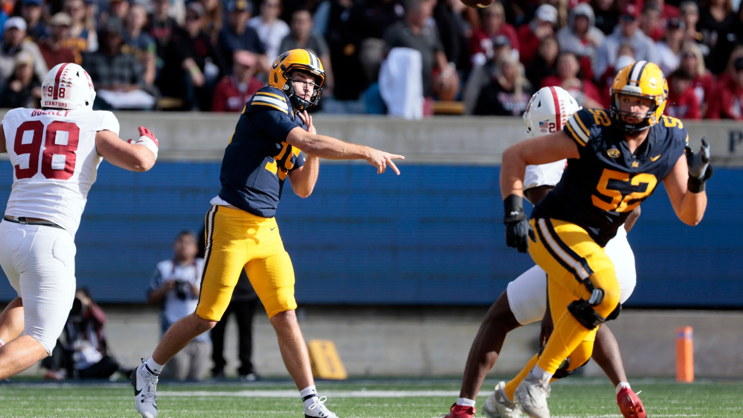 California quarterback Fernando Mendoza (15) throws a pass during the fourth quarter of an NCAA college football game against the Stanford at Memorial Stadium in Berkeley, Calif., on Saturday, Nov. 23, 2024. (Santiago Mejia/San Francisco Chronicle via AP)