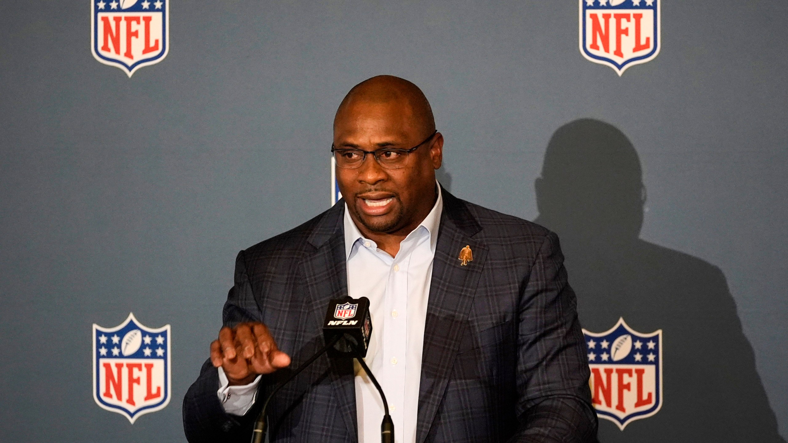 Troy Vincent Sr., NFL executive vice president of football operations, speaks to the media at the NFL football owners meeting Wednesday, Dec. 11, 2024, in Irving, Texas. (AP Photo/LM Otero)