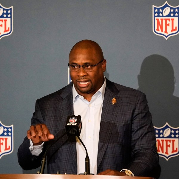 Troy Vincent Sr., NFL executive vice president of football operations, speaks to the media at the NFL football owners meeting Wednesday, Dec. 11, 2024, in Irving, Texas. (AP Photo/LM Otero)