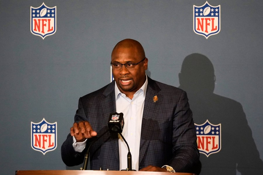 Troy Vincent Sr., NFL executive vice president of football operations, speaks to the media at the NFL football owners meeting Wednesday, Dec. 11, 2024, in Irving, Texas. (AP Photo/LM Otero)