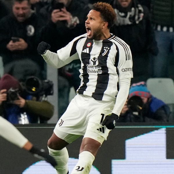 Juventus' Weston McKennie celebrates after scoring his side's second goal during the Champions League, opening phase soccer match between Juventus and Manchester City at the Allianz stadium in Turin, Italy, Tuesday, Wednesday, Dec.11, 2024. (AP Photo/Luca Bruno)