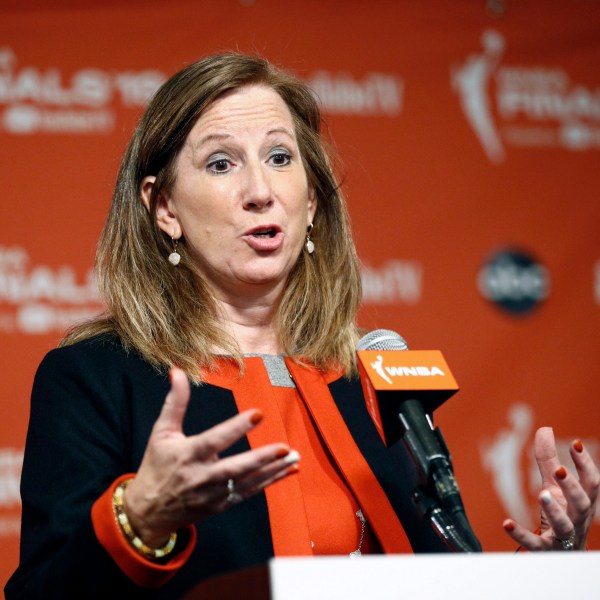 FILE - WNBA Commissioner Cathy Engelbert speaks at a news conference before Game 1 of basketball's WNBA Finals between the Connecticut Sun and the Washington Mystics, Sunday, Sept. 29, 2019, in Washington. (AP Photo/Patrick Semansky, File)