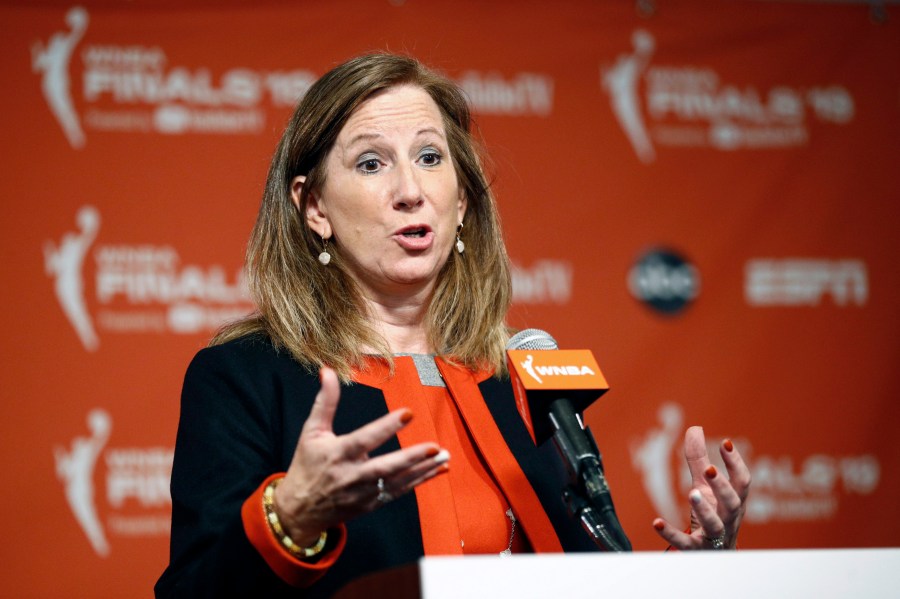 FILE - WNBA Commissioner Cathy Engelbert speaks at a news conference before Game 1 of basketball's WNBA Finals between the Connecticut Sun and the Washington Mystics, Sunday, Sept. 29, 2019, in Washington. (AP Photo/Patrick Semansky, File)