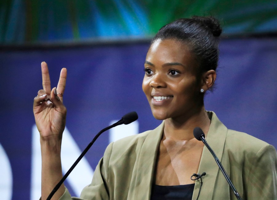 FILE - Candace Owens, director of urban engagement for Turning Point USA gestures as she speaks at the Convention of the Right, in Paris, Sept. 28, 2019. (AP Photo/Michel Euler, File)